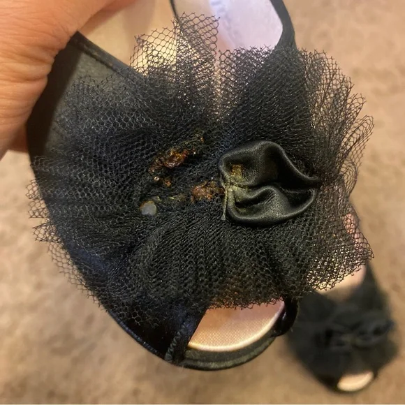 Vintage Daniel Green Comfy Boudoir Shoes Slippers Black Satin Peep Toe 5 - Picture 4 of 10